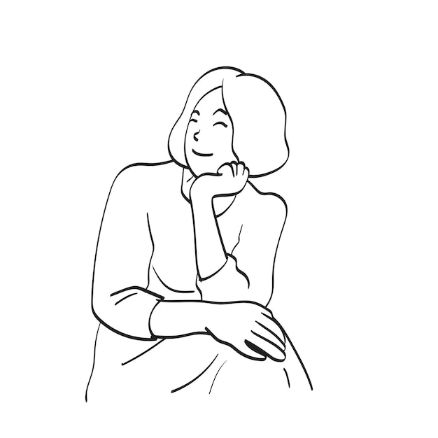 Linea d'arte donna con la mano sotto il mento illustrazione vettoriale mano disegnata isolata su sfondo bianco