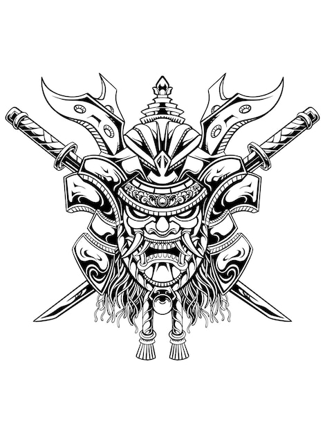 Line art of yasuke with japanese samurai mask