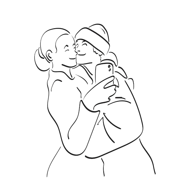 라인 아트 사랑에 빠진 젊은 행복한 커플이 셀카를 찍는 일러스트레이션  ⁇ 터 손으로 그린 고립