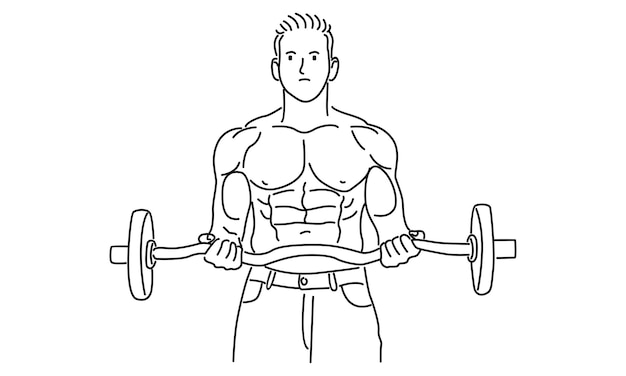 line art of young man training lift barbell