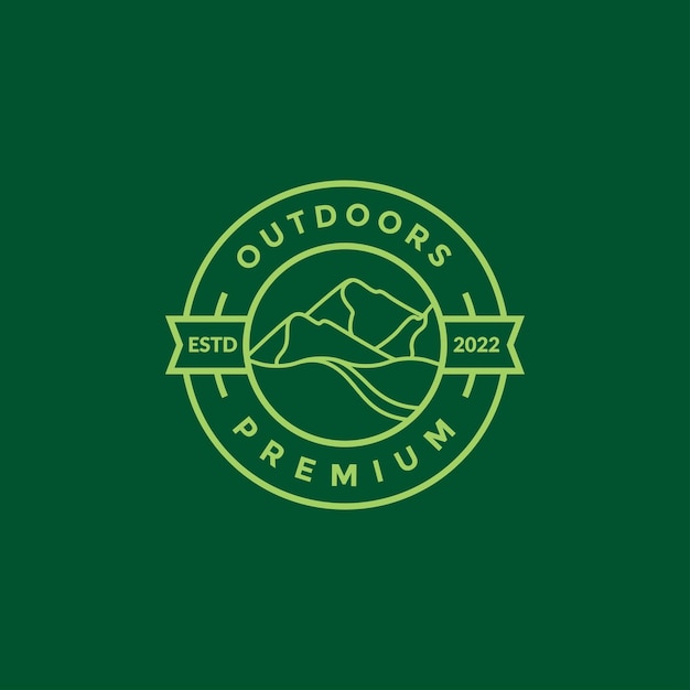 라인 배지 녹색 야외 언덕과 산 로고 디자인 벡터 그래픽 기호 아이콘 그림 창의적인 아이디어