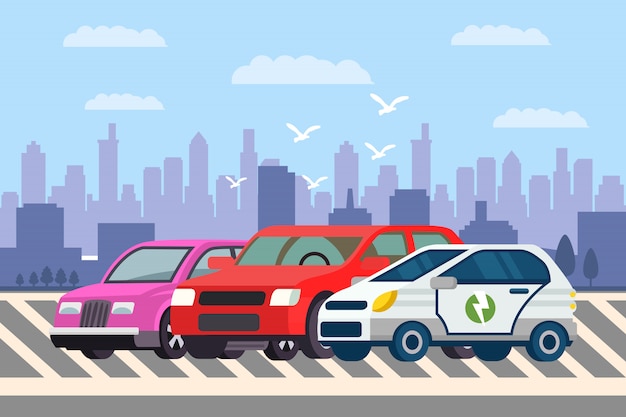 Linea di automobili all'illustrazione di vettore del parcheggio