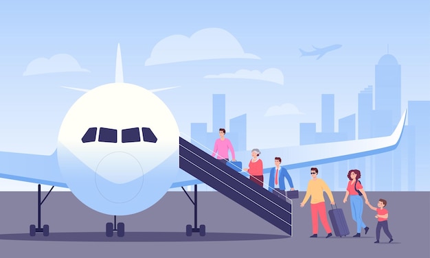 Vector line of cartoon passengers boarding plane. people getting on flight, business trip, airport flat vector illustration. tourism, traveling, aviation industry concept for banner or landing web page