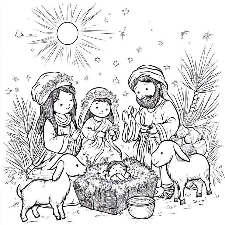 line Christmas vector Christian nativity scene of baby Jesus with Mary and Joseph Bethlehem scene