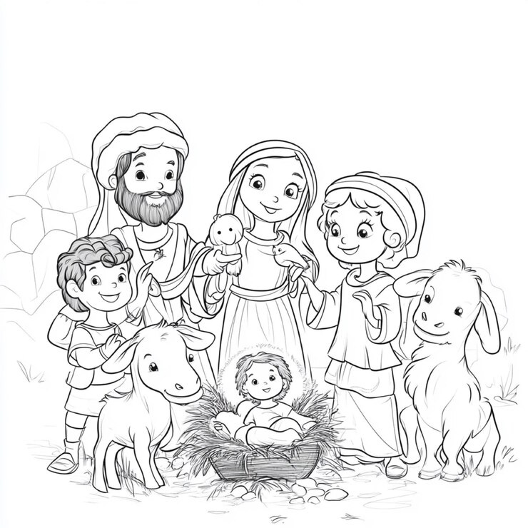 line Christmas vector Christian nativity scene of baby Jesus with Mary and Joseph Bethlehem scene