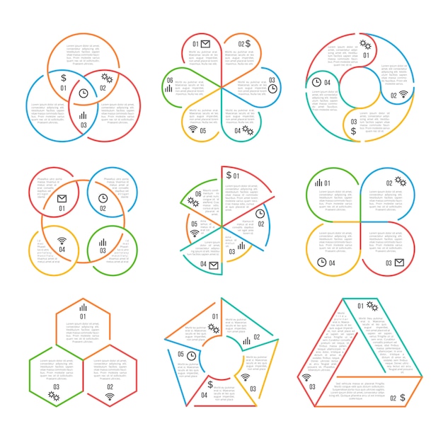 Vettore linea cerchio, infografica triangolare, esagonale, pentagonale