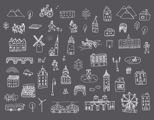 Vettore linea città edifici e oggetti illustrazioni vettore doodle set