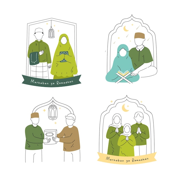 Vector line color ramadan praying activity vector illustration