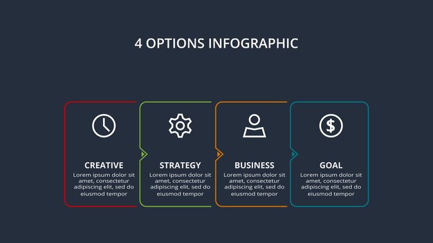 Vector line concept for infographic with 4 steps options parts or processes template for web on a black background
