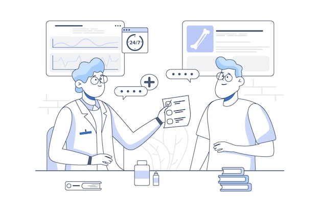 Line concept medical with people scene in the flat cartoon style Doctor talks to the patient