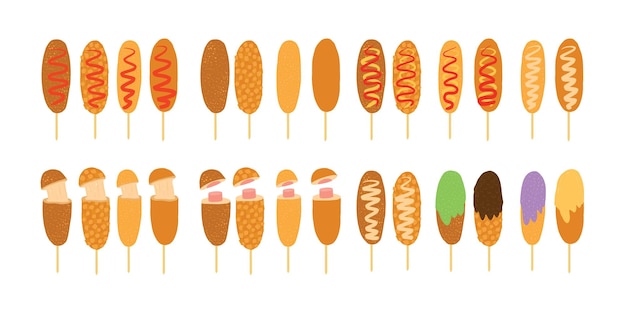 A line of corn dogs on a stick with different flavors.