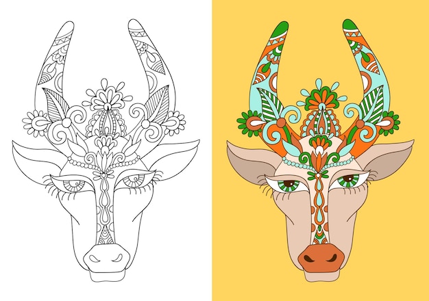 Line decorative drawing of indian cow head, floral stylized vector illustration