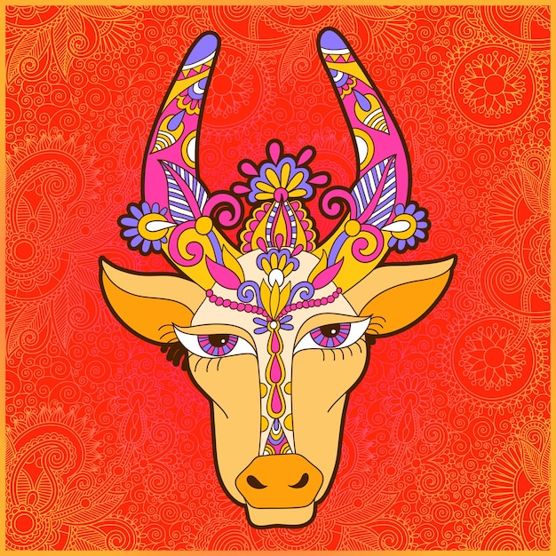 Line decorative drawing of indian cow head, floral stylized vector illustration