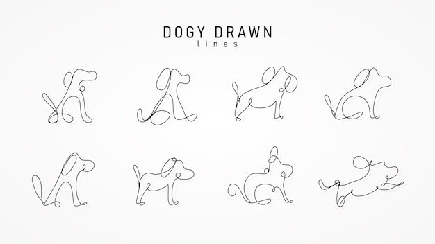 ラインデザインセット、ペット、犬、アートパターンシンボル、犬、黒い線、白い背景の上の犬の描画線。獣医、動物園、ペットフードのロゴの最新の製品ラベル。