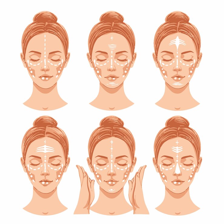 Vector a line of different faces of a woman with a cross on her forehead