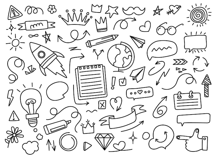 वेक्टर line doodle element sketch light bulb arrow and speech bubble rocket and earth globe hand drawn notebook crown and glasses daisy and broken heart vector set