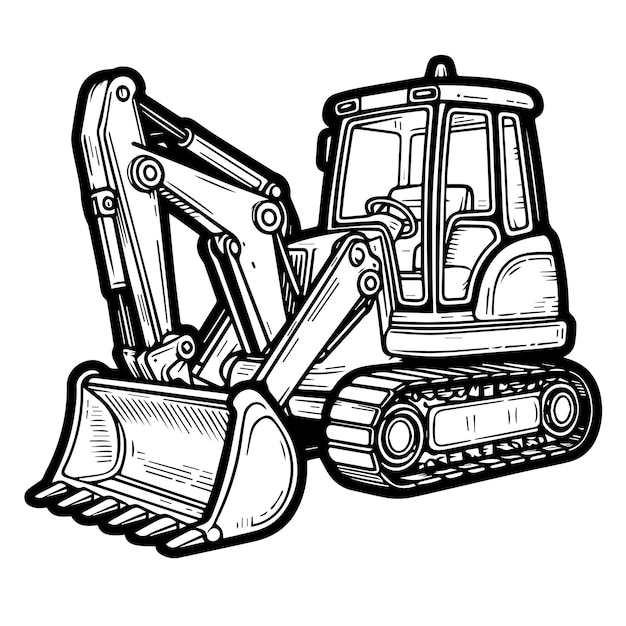 Vector line drawing of a backhoe in black and white for coloring vector