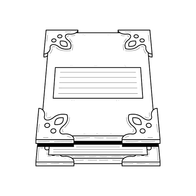 A line drawing of a box with the word hieroglyphs on it.