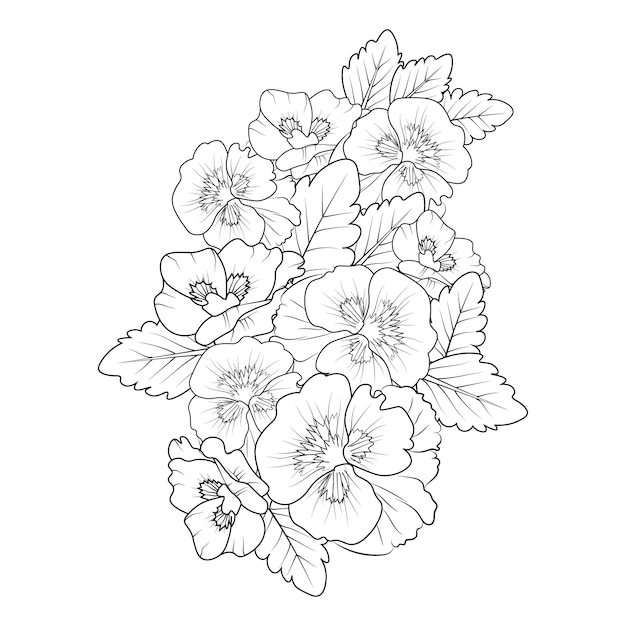 A line drawing of a bunch of flowers with the leaves of a flower.