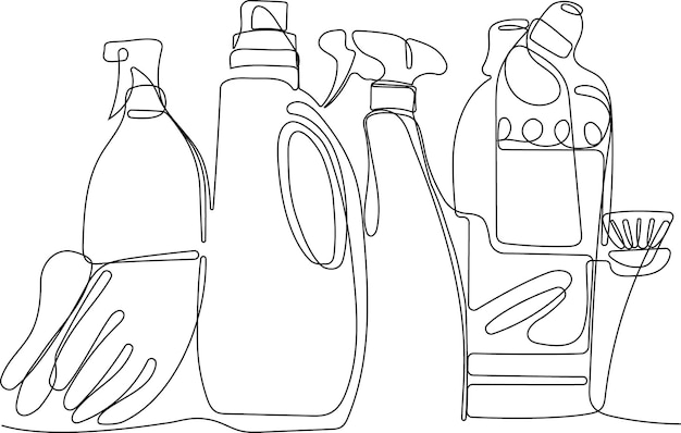 A line drawing of cleaning products.