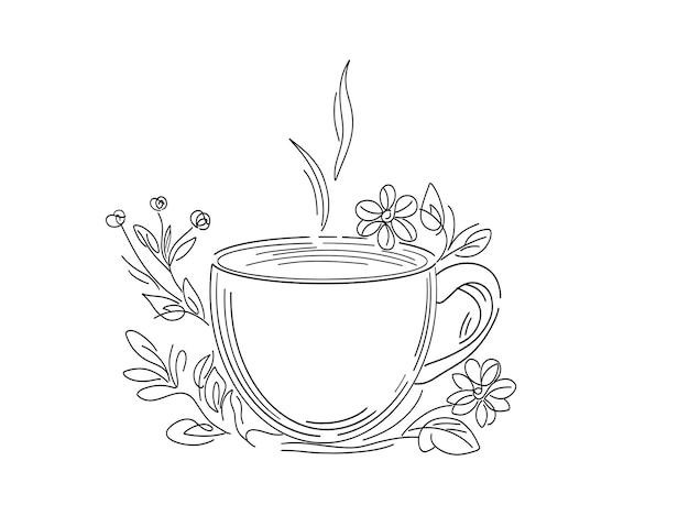 Vector line drawing of coffee cup with flowers