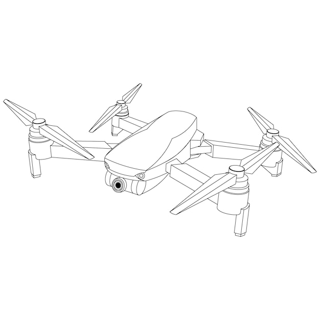 Vettore un disegno al tratto di un drone con la fotocamera in alto.