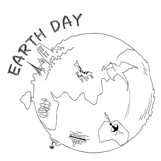 Vector line drawing of the earth with nature and towns for earth day