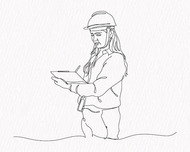 A Line drawing of a female Engineer with a hat on and a clipboard in the hand