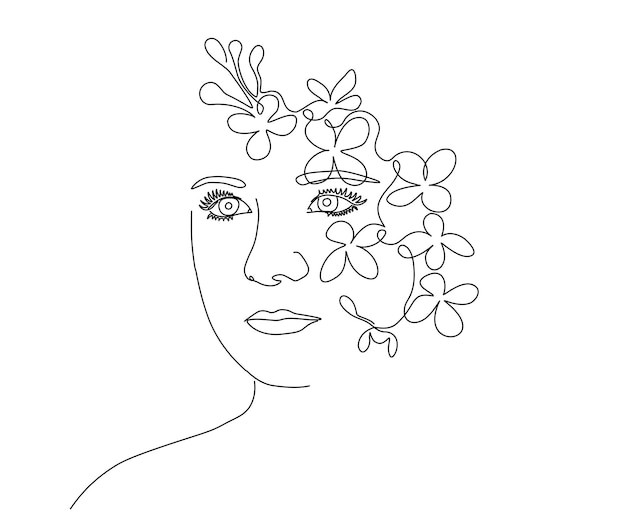 Vector line drawing female face drawing fashion hair salon spa minimalist female beauty one line