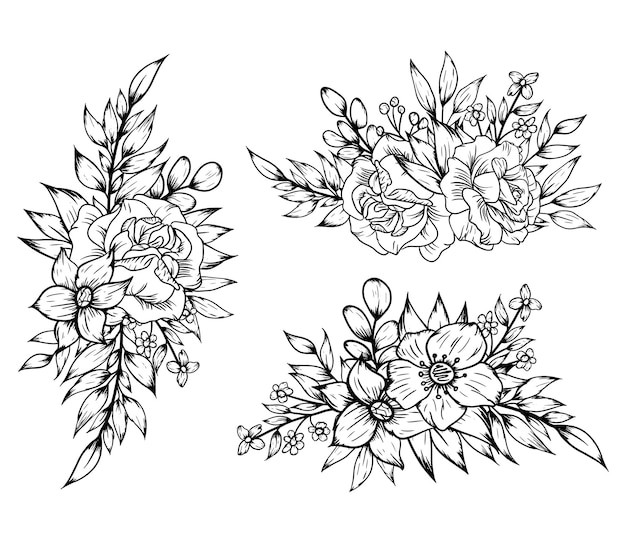 Vector line drawing flowers bouquet decoration set