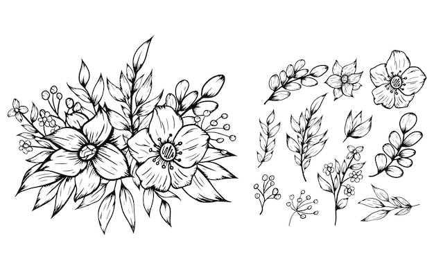 Line drawing flowers bouquet decoration set