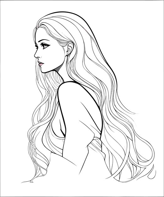 A line drawing of a girl with long hair