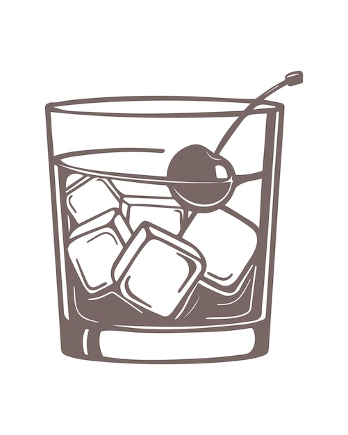Vector line drawing of a glass with whiskey and a cherry brown white design icon illustration vector