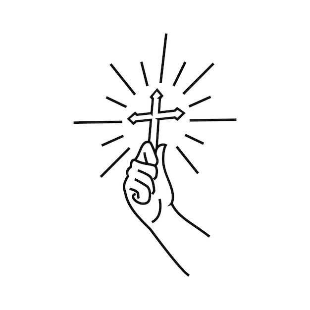 line drawing of hand holding bright christian holy cross vector abstract lineart Illustration design