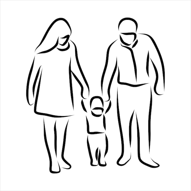 Vector line drawing of happy family