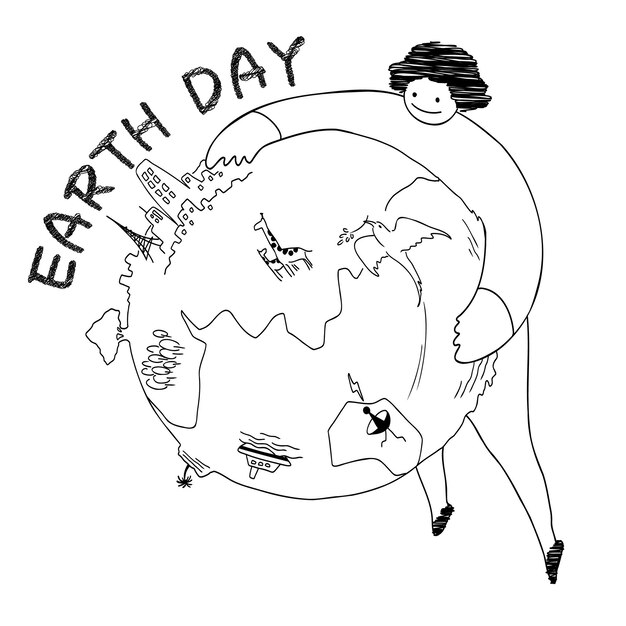 Vector line drawing of a human holding the earth for earth day