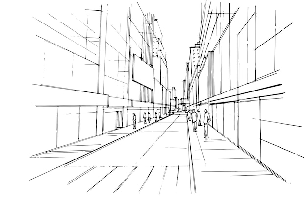 Line drawing of a large city in a pedestrian perspectivemodern designvector2d illustration