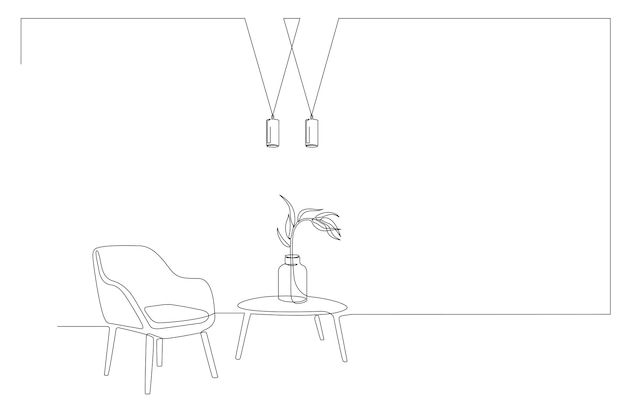 A line drawing of a living room with a chair and a table with a plant on it.