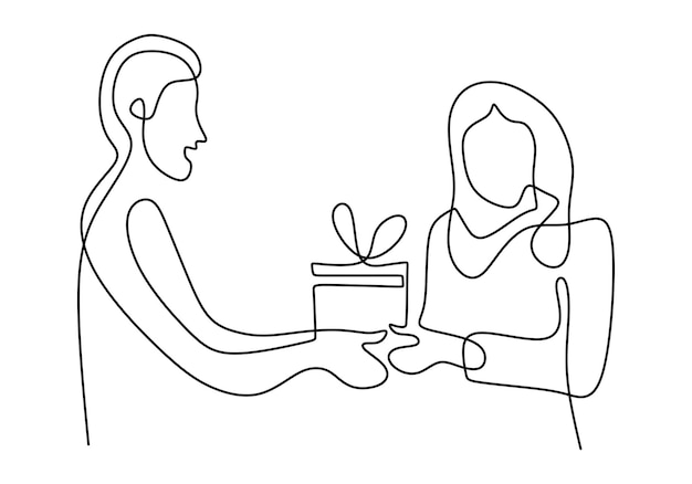 Line drawing of man give a gift to woman