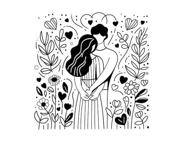 Vector line drawing of man and woman