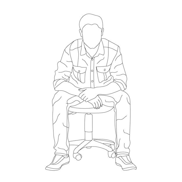 椅子に座る男性の線画 白背景イラストに黒線