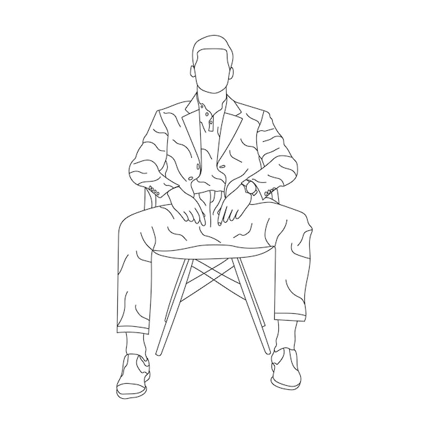 椅子に座る男性の線画 白背景イラストに黒線