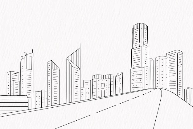 Vettore disegno della linea dello sfondo dello skyline della città moderna con strade ed edifici