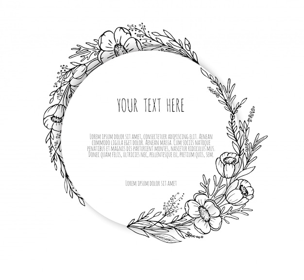 Line drawing ornate wreath, floral frame with hand drawn flowers, branches, plants, herbs.