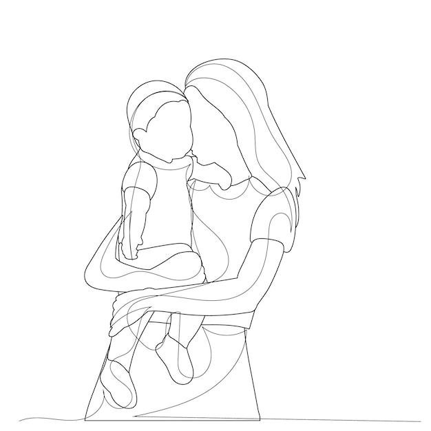 Line drawing portrait of mother and baby