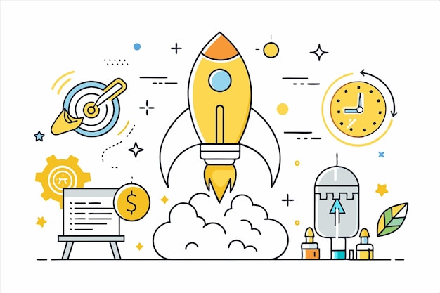 a line drawing of a rocket with a rocket on the top