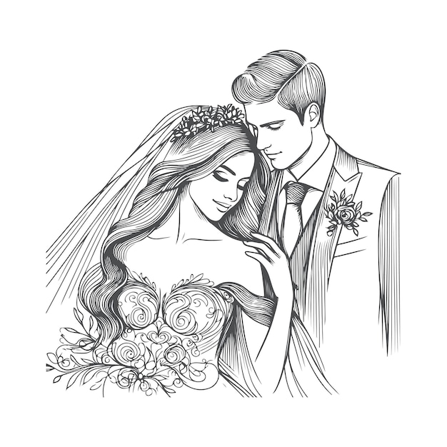 Vector line drawing romantic wedding couple one line art love vector illustration