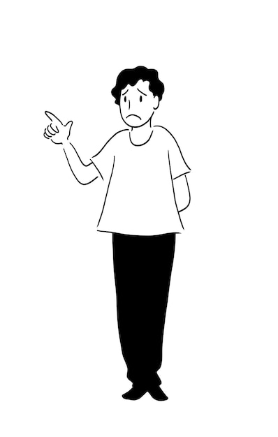 Vector line drawing of standing youngman with the index finger up