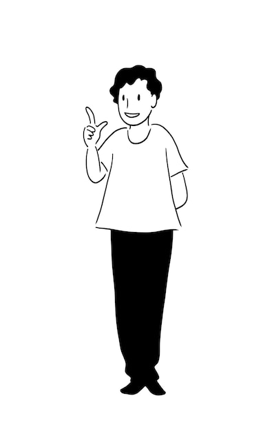 Line drawing of standing youngman with the index finger up