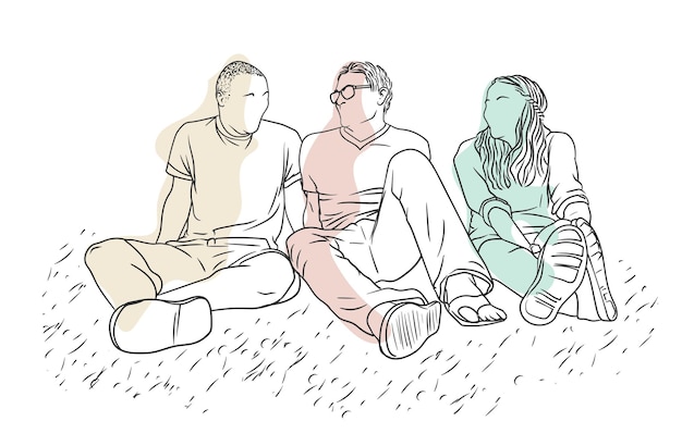 Line drawing of two males and a female friends hanging out laughing sitting outside on the ground